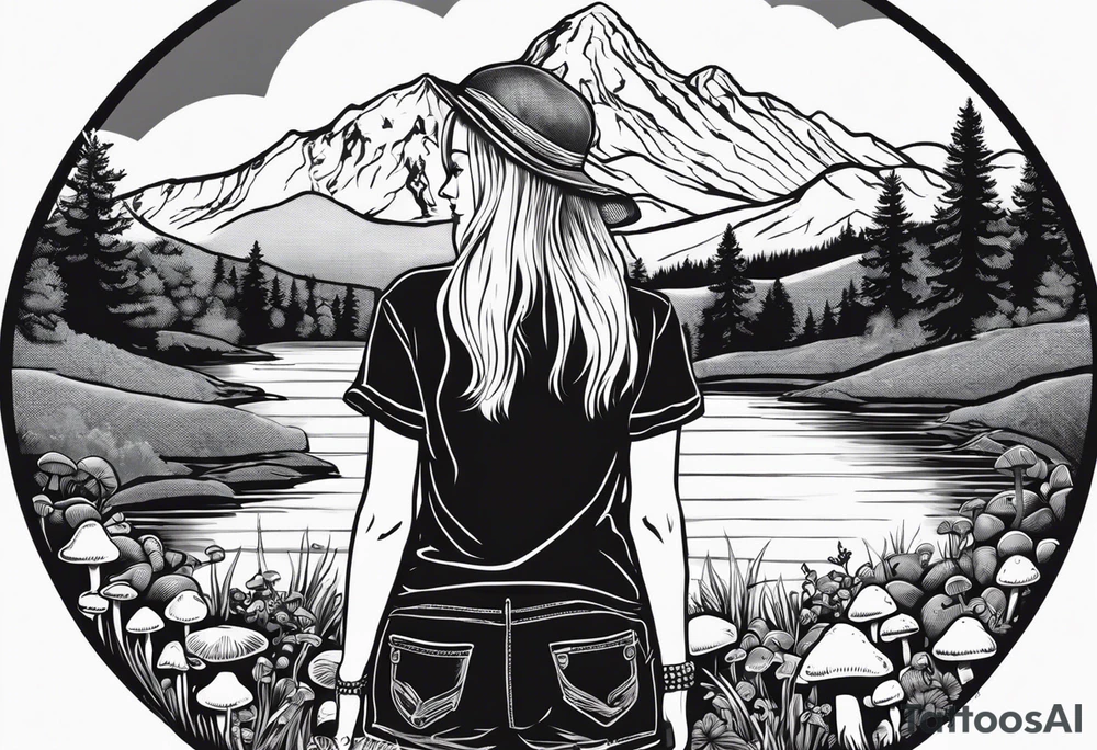 Whole picture encircled fully

Straight long blonde hair hippie girl in distance holding mushrooms in hand facing away toward mountains and creek surrounded by mushrooms tee shirt and hiking pants; whole rendering within a full circle, no cut off circle tattoo idea
