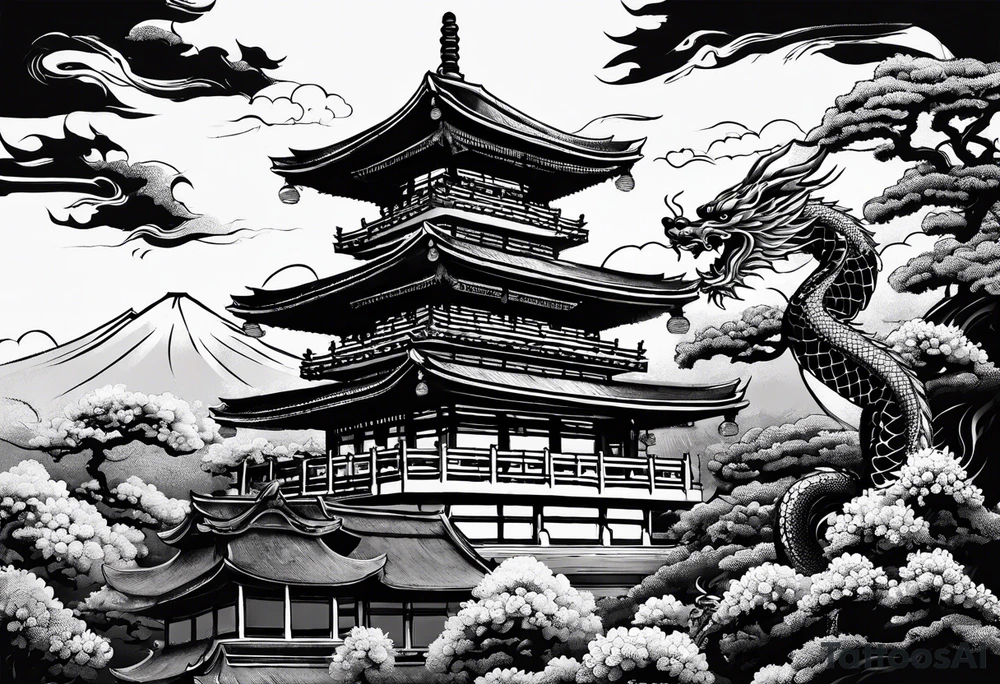 Japanese pagoda guarded by a japanese dragon, black and white colours, portrait mode and a4 size tattoo idea