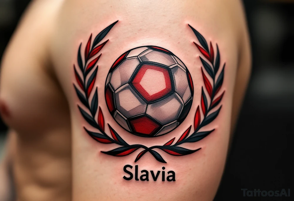 A classic ball surrounded by laurel leaves in red and white, with “Slavia” written underneath. tattoo idea