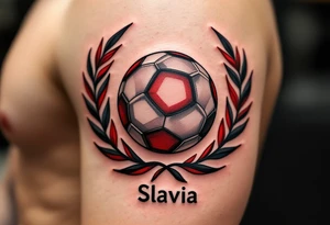 A classic ball surrounded by laurel leaves in red and white, with “Slavia” written underneath. tattoo idea