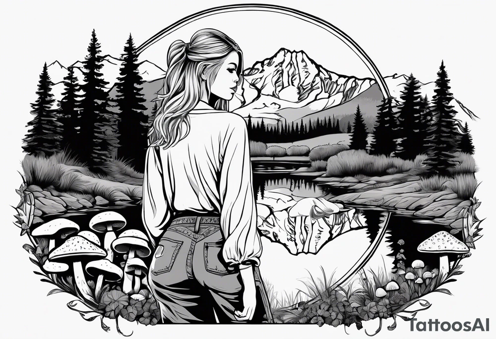 Whole picture encircled fully

Straight long blonde hair hippie girl in distance holding mushrooms in hand facing away toward mountains and creek surrounded by mushrooms long sleeve shirt and hiking pants; whole rendering within a full circle, no cut off circle tattoo idea