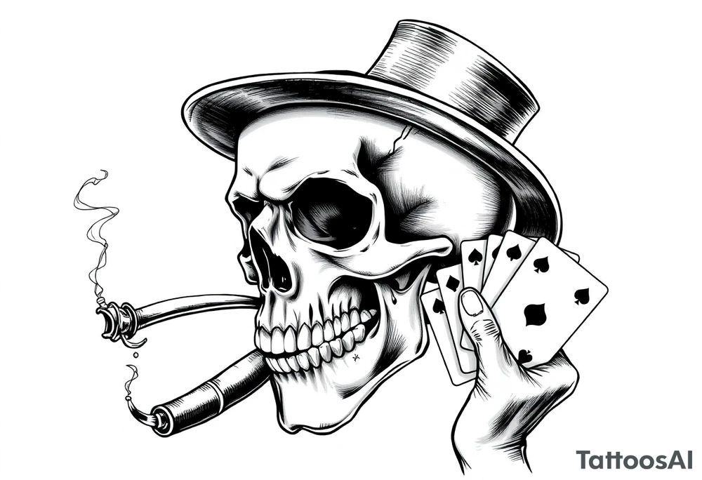 a skull with mustache, a big cigar in his mouth,top-hat on his head and playing cards in a hand. tattoo idea