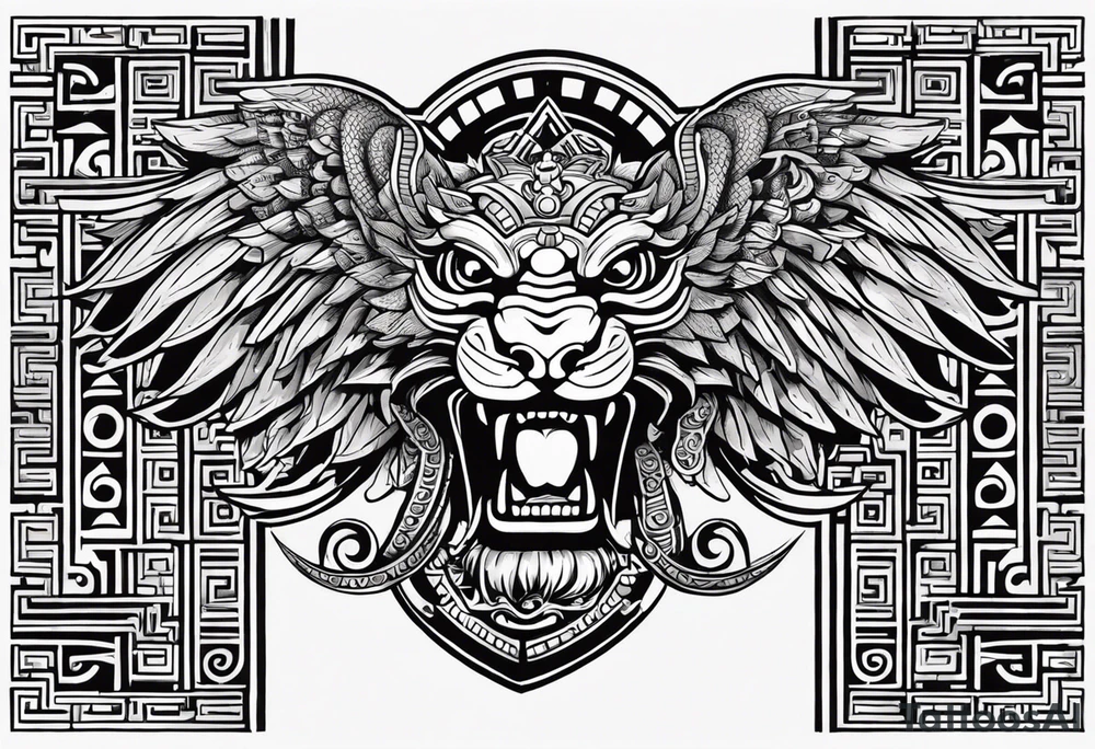 Design a masculine and fierce right chest tattoo of Quetzalcoatl, the Aztec feathered serpent god. Make Quetzalcoatl appear in mid-flight, with his powerful, feathered body coiling dynamically across the chest. His face should have sharp, intense features, with fierce, piercing eyes and serpent fangs bared. Incorporate traditional Aztec geometric patterns, like jagged lines and spirals, in the wings and tail, to emphasize strength and power. Use bold, black ink with subtle shading to give depth and texture, while ensuring the design stays sharp and aggressive. The feathers should appear sharp and stylized, giving an aura of both wisdom and danger. tattoo idea