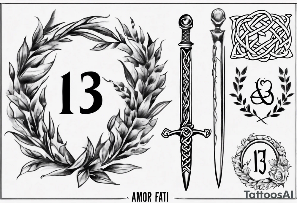 The number 13 in the middle of a laurel leaf wreath, a Celtic sword under the number and the words "amor fati". tattoo idea