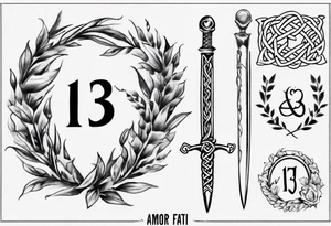 The number 13 in the middle of a laurel leaf wreath, a Celtic sword under the number and the words "amor fati". tattoo idea