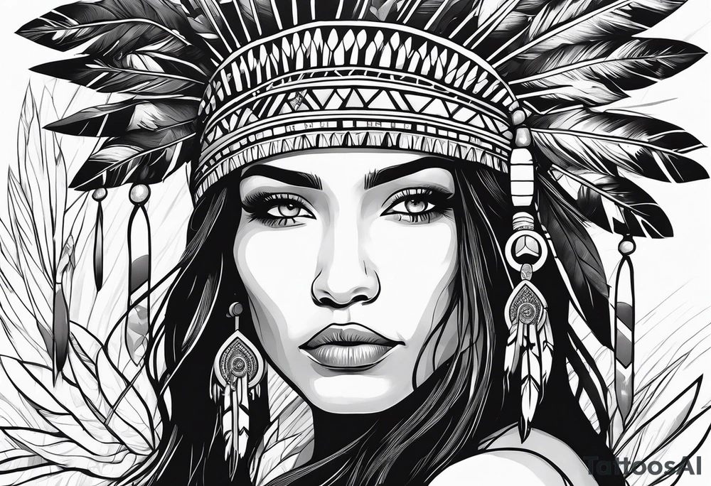 A native American Indian woman by a waterfall she is Aquarius water barrer she has tattoos and her eyes can see right through you tattoo idea
