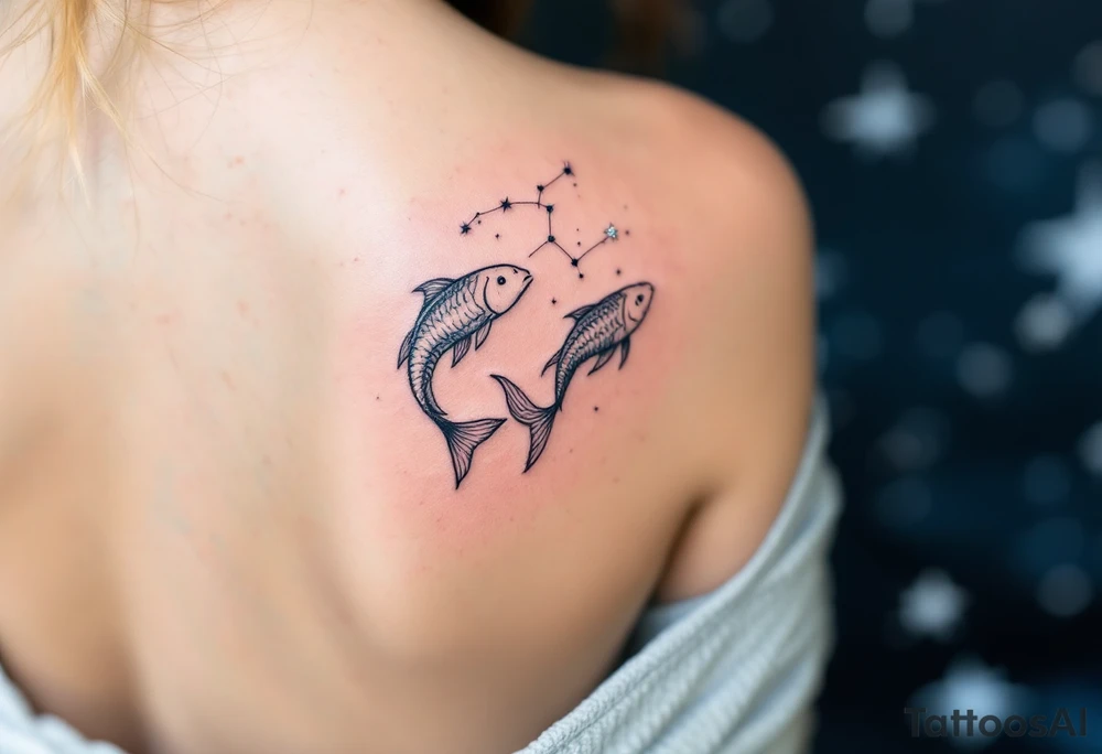 The Pisces zodiac sign floats beneath a delicate constellation drawn in pearlescent ink over a night-sky backdrop. tattoo idea
