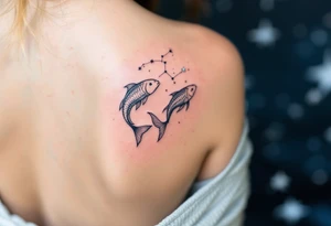 The Pisces zodiac sign floats beneath a delicate constellation drawn in pearlescent ink over a night-sky backdrop. tattoo idea