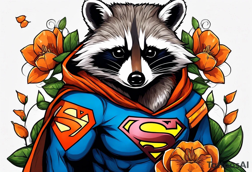 raccoon wearing a Superman hoodie with orange blossoms tattoo idea