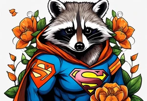 raccoon wearing a Superman hoodie with orange blossoms tattoo idea