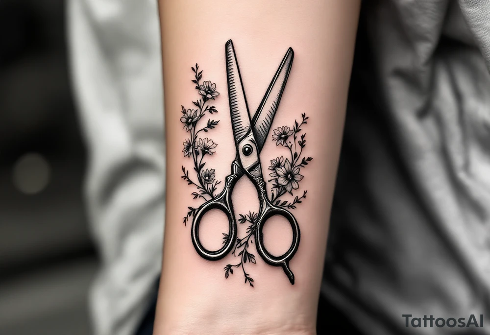 large haircutting scissors with flowers and vine woven arount tattoo idea