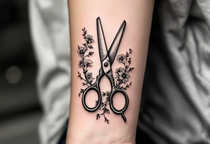 large haircutting scissors with flowers and vine woven arount tattoo idea