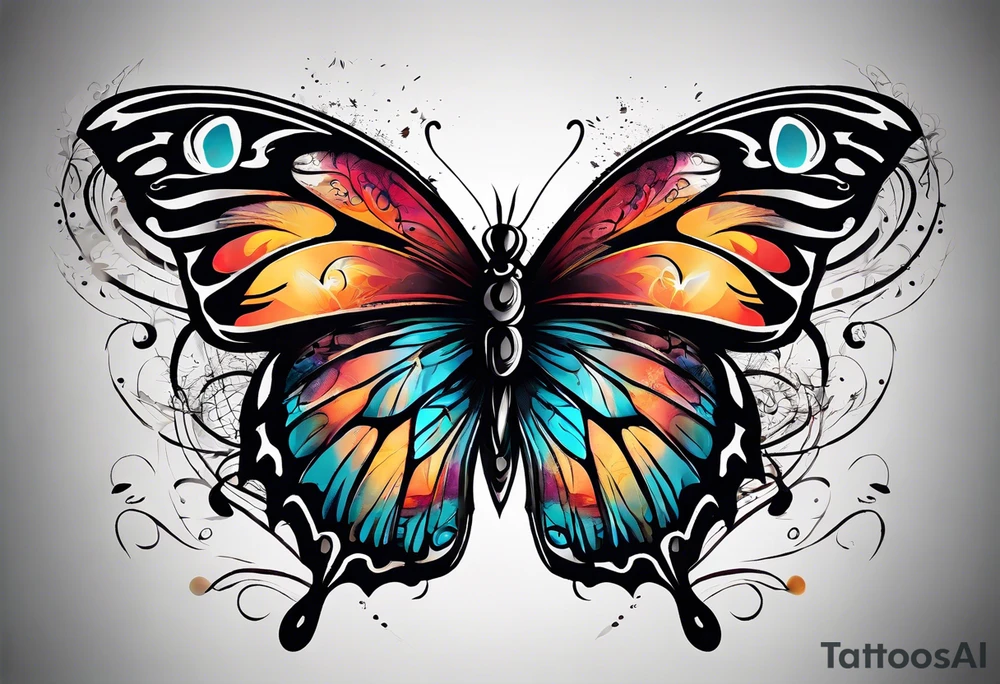 butterfly with one wing black scribbles, the other wing beautiful and colorful, the body has the date 1.9.2023 and the words written "I chose to live." tattoo idea