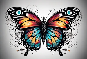 butterfly with one wing black scribbles, the other wing beautiful and colorful, the body has the date 1.9.2023 and the words written "I chose to live." tattoo idea