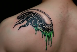 The skull of a Xenomorph with an acid drip effect, dripping a metallic green liquid that pools into intricate tribal patterns. tattoo idea