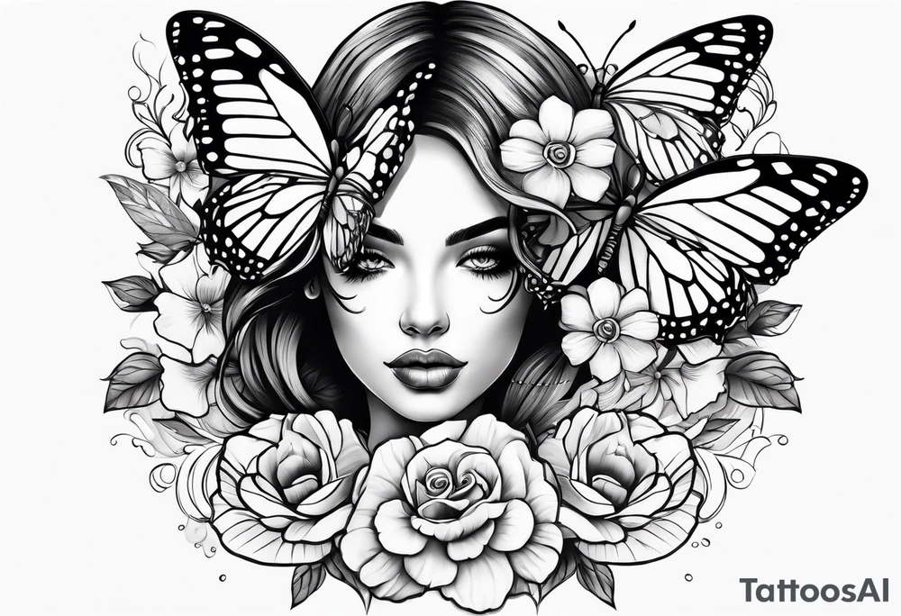 Women face with flowers and butterfly tattoo idea