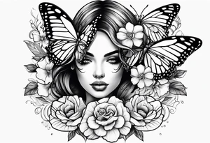 Women face with flowers and butterfly tattoo idea