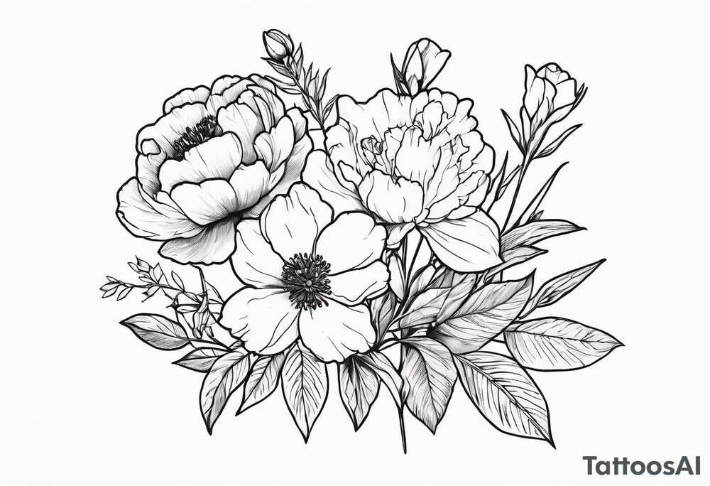 small minimal flower bouquet with a peony, larkspur, rose, and daffodil with stems showing tattoo idea