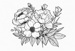 small minimal flower bouquet with a peony, larkspur, rose, and daffodil with stems showing tattoo idea