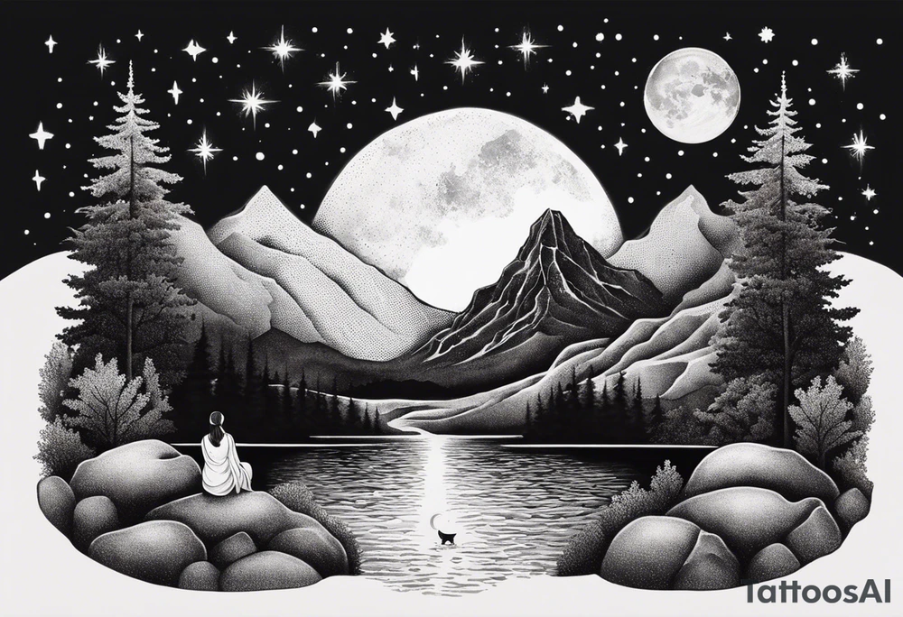 a family of three sitting in a nature with mountains, waterfall, water, and a cross in the background and and moon in the sky with stars tattoo idea