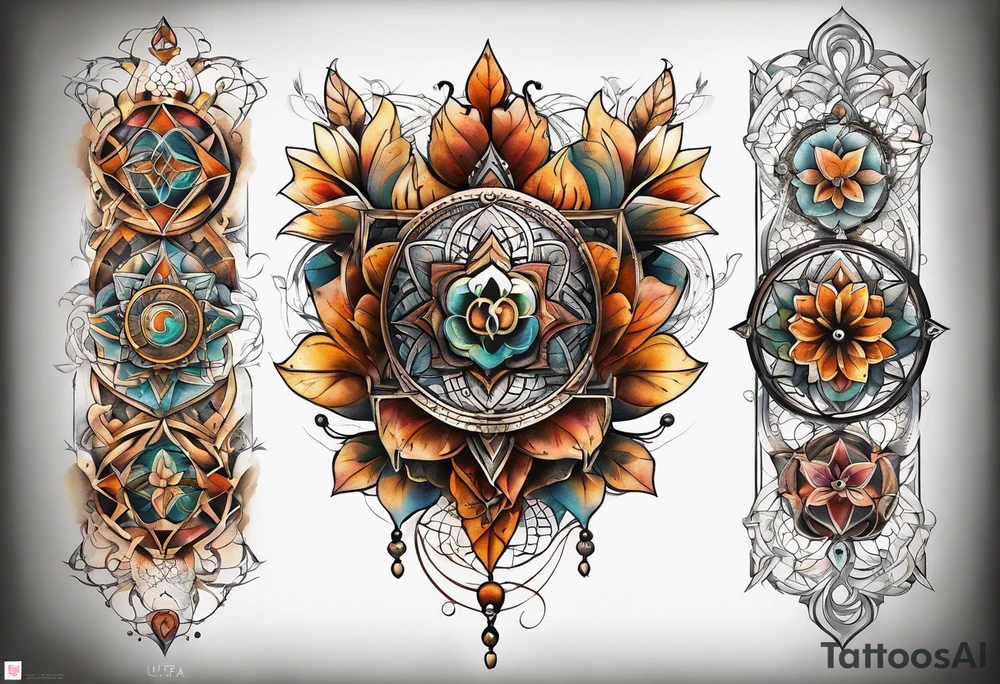 front knee tattoo with sacred geometry, swirls & washes, background and in fall colors tattoo idea