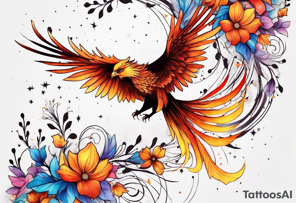 Constellation, animal phoenix , snow , géométric , flower tattoo idea
