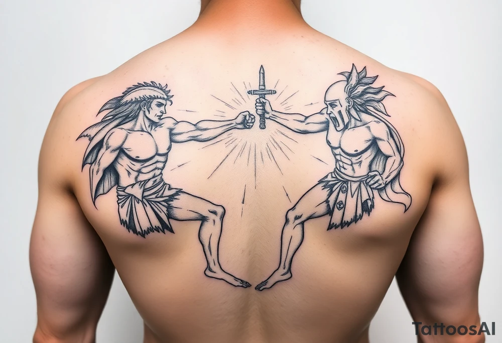 powerful greek mythology fight scene tattoo idea