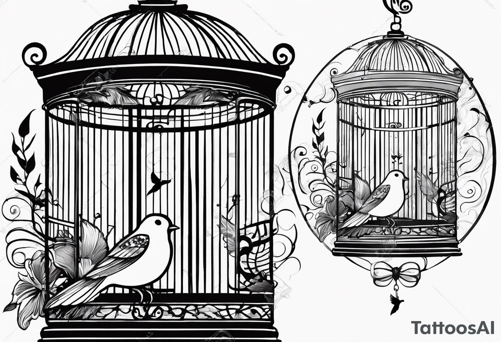 An open bird cage with a bird flying out, with the words ‘be free’ tattoo idea
