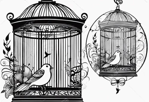 An open bird cage with a bird flying out, with the words ‘be free’ tattoo idea