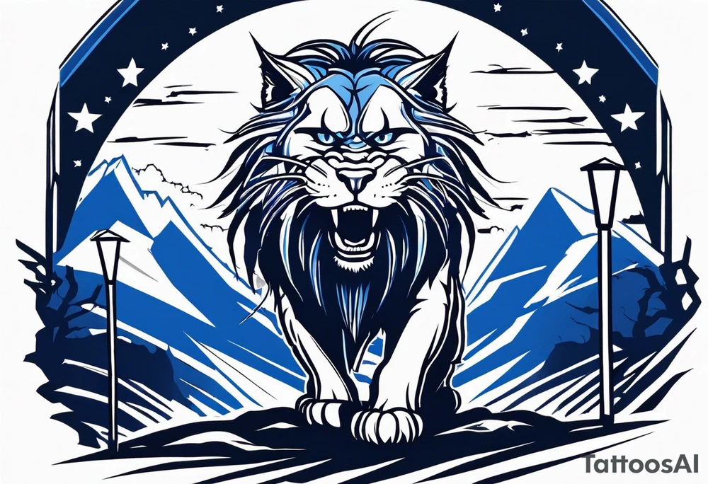 blue wildcat with long dreads under stadium football lights with a snarl on his face standing on a hill looking down at all his defeated opponents tattoo idea