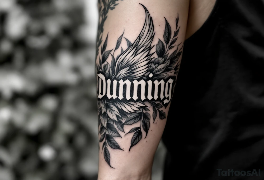 Dunning, left forearm details include angel wing on right side, greek type of font,jungle leaves, name is big and in white color tattoo idea