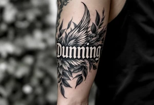 Dunning, left forearm details include angel wing on right side, greek type of font,jungle leaves, name is big and in white color tattoo idea