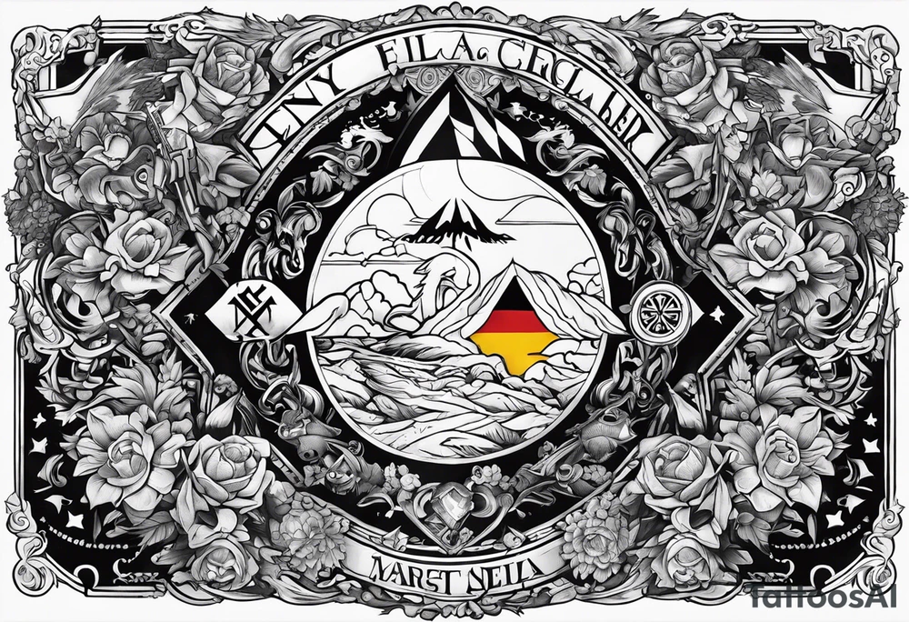 the phrase "why not now?" encased in the flag of Germany and north Carolina surrounded by characters from Zelda, Final Fantasy 8 tattoo idea