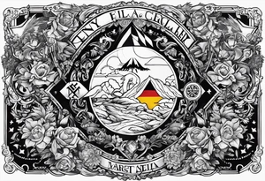 the phrase "why not now?" encased in the flag of Germany and north Carolina surrounded by characters from Zelda, Final Fantasy 8 tattoo idea