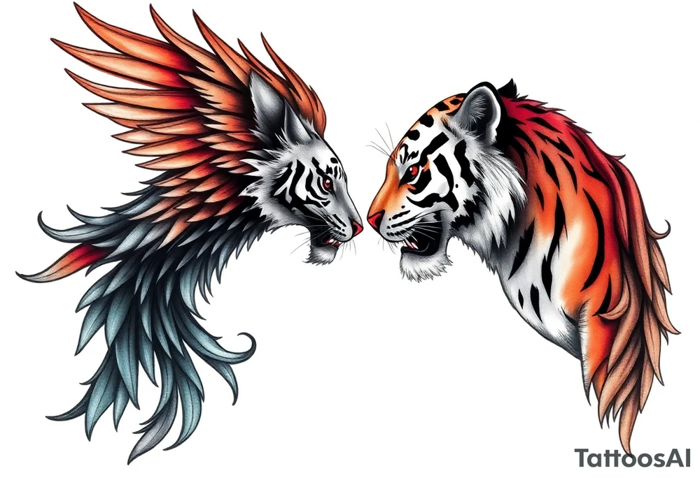 A phoenix and a tiger facing eachother tattoo idea