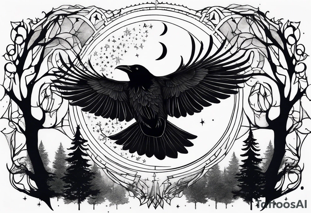 Raven in flight, upsidedown, knowing, ethereal, moon stars and trees in the background tattoo idea