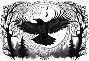 Raven in flight, upsidedown, knowing, ethereal, moon stars and trees in the background tattoo idea