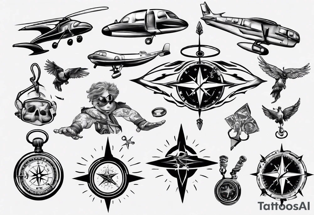 skydiving, shooting guns, compass, adventure tattoo idea
