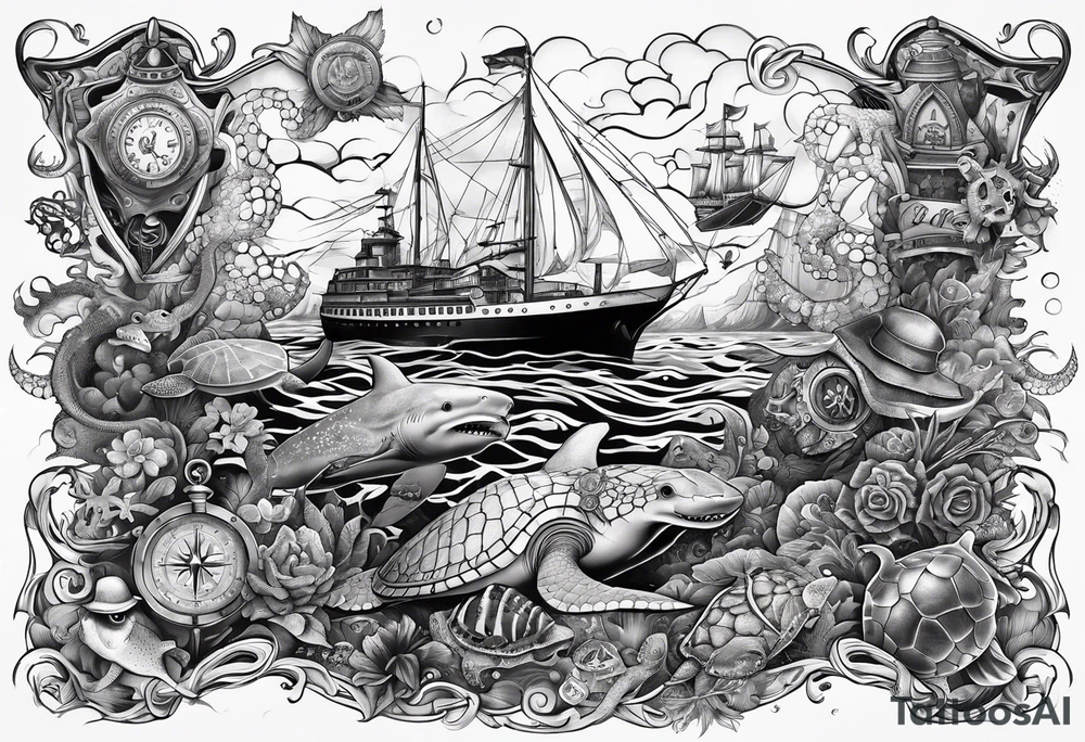 Nautical theme leg tattoo with shark, turtle, treasure map, compass, octopus, bell diver tattoo idea