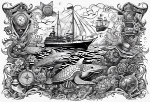 Nautical theme leg tattoo with shark, turtle, treasure map, compass, octopus, bell diver tattoo idea
