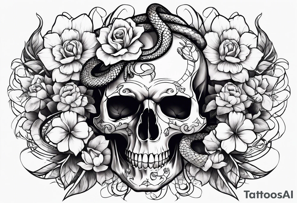 Skull with flowers and snakes tattoo idea