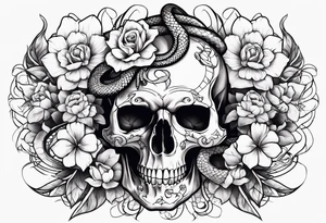 Skull with flowers and snakes tattoo idea