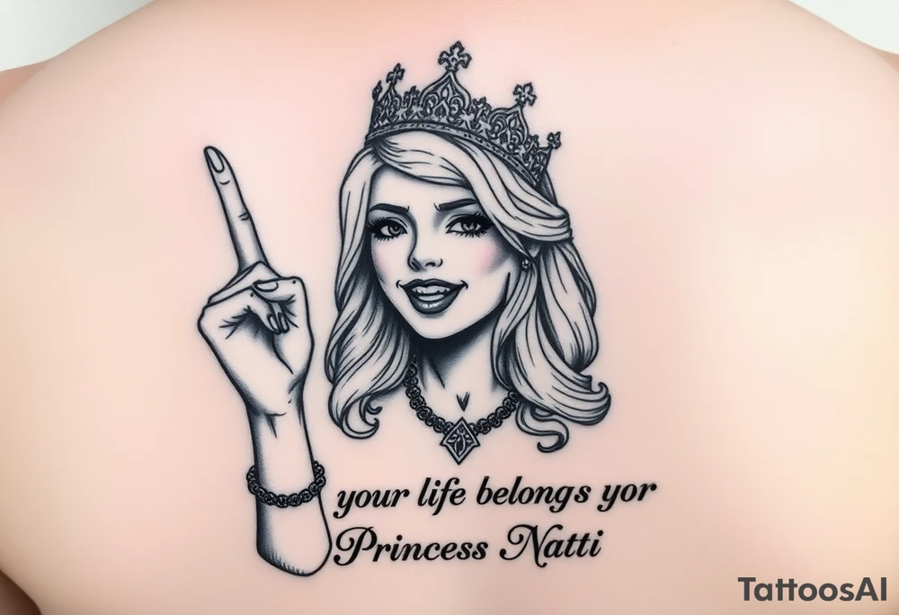 powerful blond findomme princess with crown on, holding up her middle finger laughing at you for being pathetic with caption “your life belongs to Princess Natti” tattoo idea