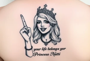 powerful blond findomme princess with crown on, holding up her middle finger laughing at you for being pathetic with caption “your life belongs to Princess Natti” tattoo idea