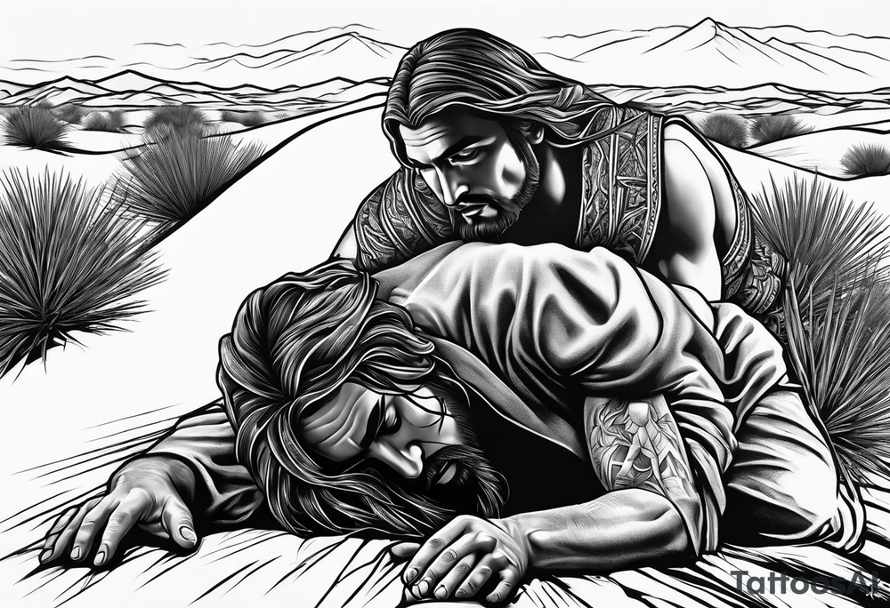 man crawling in a desert reaching to the cross of Christ tattoo idea