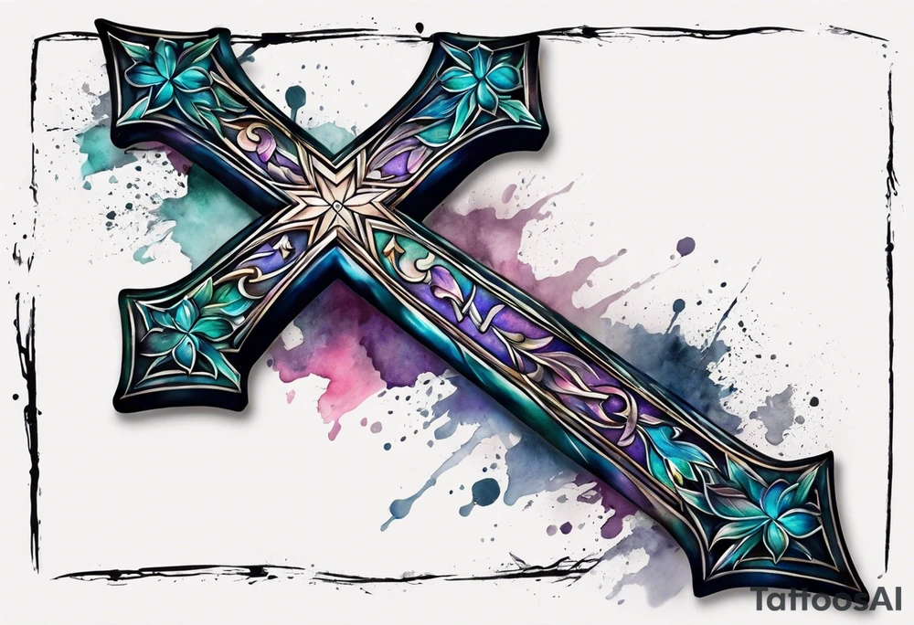 Cross made out of leather with watercolor background tattoo idea