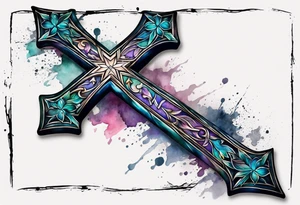 Cross made out of leather with watercolor background tattoo idea