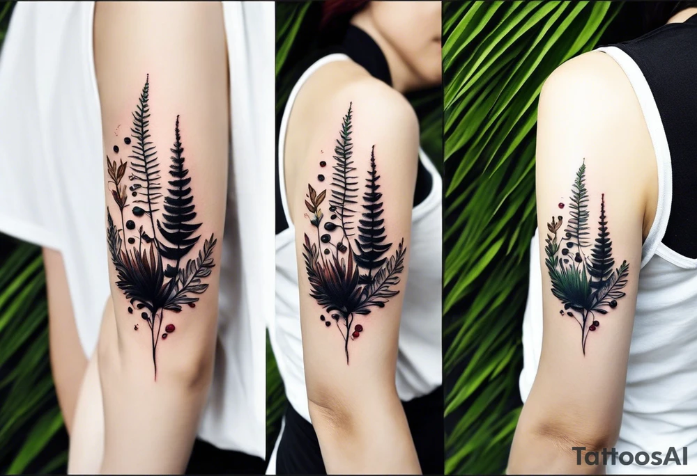 forest floor inspired minimalist tattoo, which includes grass, curly ferns, moss and dead leaves as the bulk of the tattoo. details to include: forest berries, a tiny bumblebee flying nearby, three small brown mushrooms
Generate a vertically long one tattoo idea