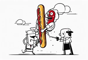 anamorphic hotdog man that is holding a decapitated human head(white guy) in one hand. And in the other hand a microphone that on the bottom end is a crooked dagger dripping blood. tattoo idea