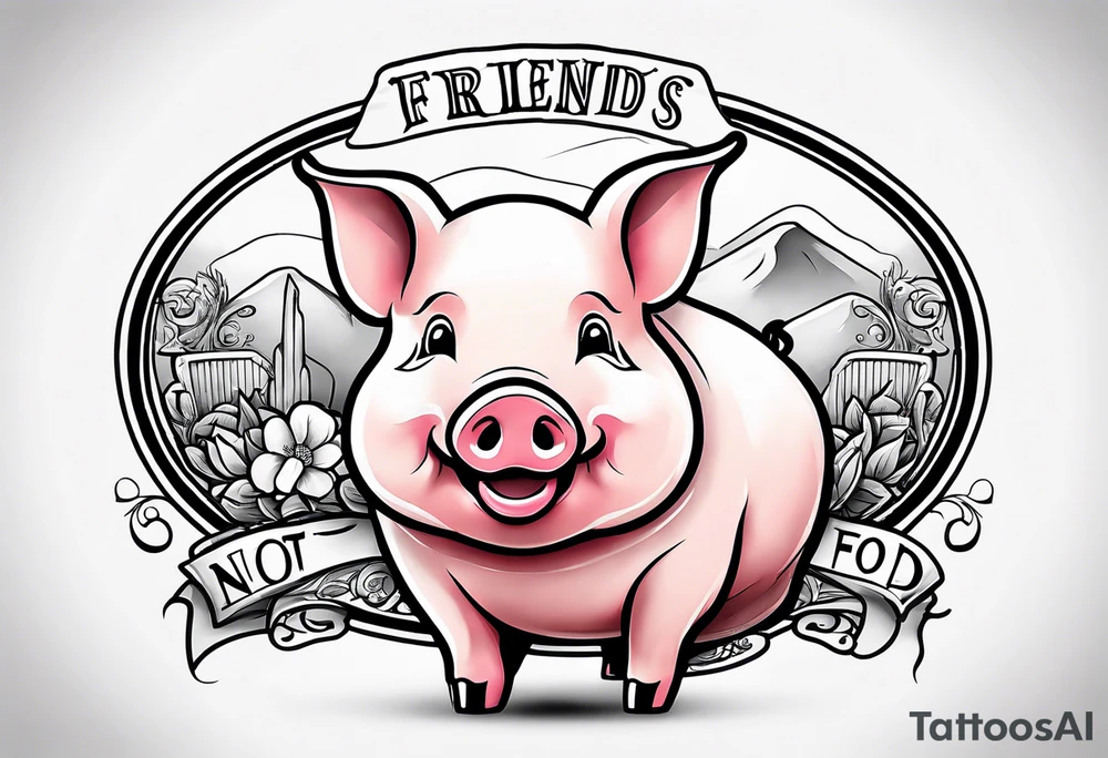 cute pig or piglet.
with text: "friends not food" 
very thin lines
cartoonish style tattoo idea